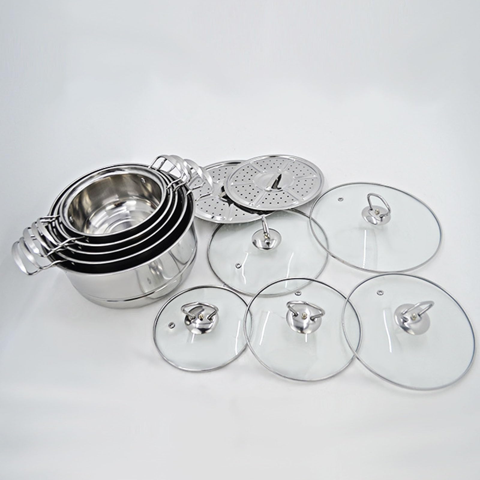 Edelstahl Kochgeschirr-Set, 5-teiliges Suppentopf mit Glasdeckel und Dampfschalen, kompatibel mit Gas- und Induktionsherden