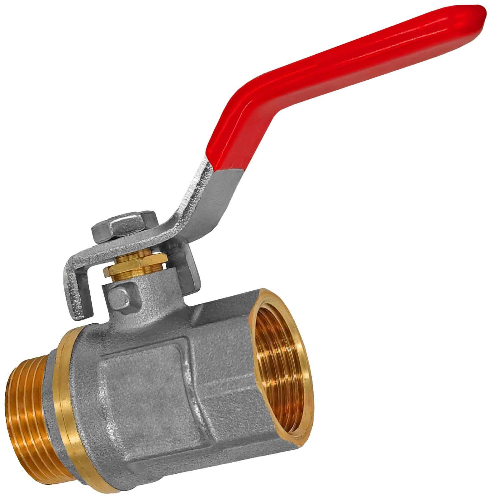MegaHaustechnik Kugelhahn aus Messing, 1 1/2“ IG x AG, roter Hebelgriff Stahl verchromt, 1 1/2 Zoll Innengewinde und Außengewinde DN40, Trinkwasser geeignet, Druck 25 Bar, Absperr-Ventil