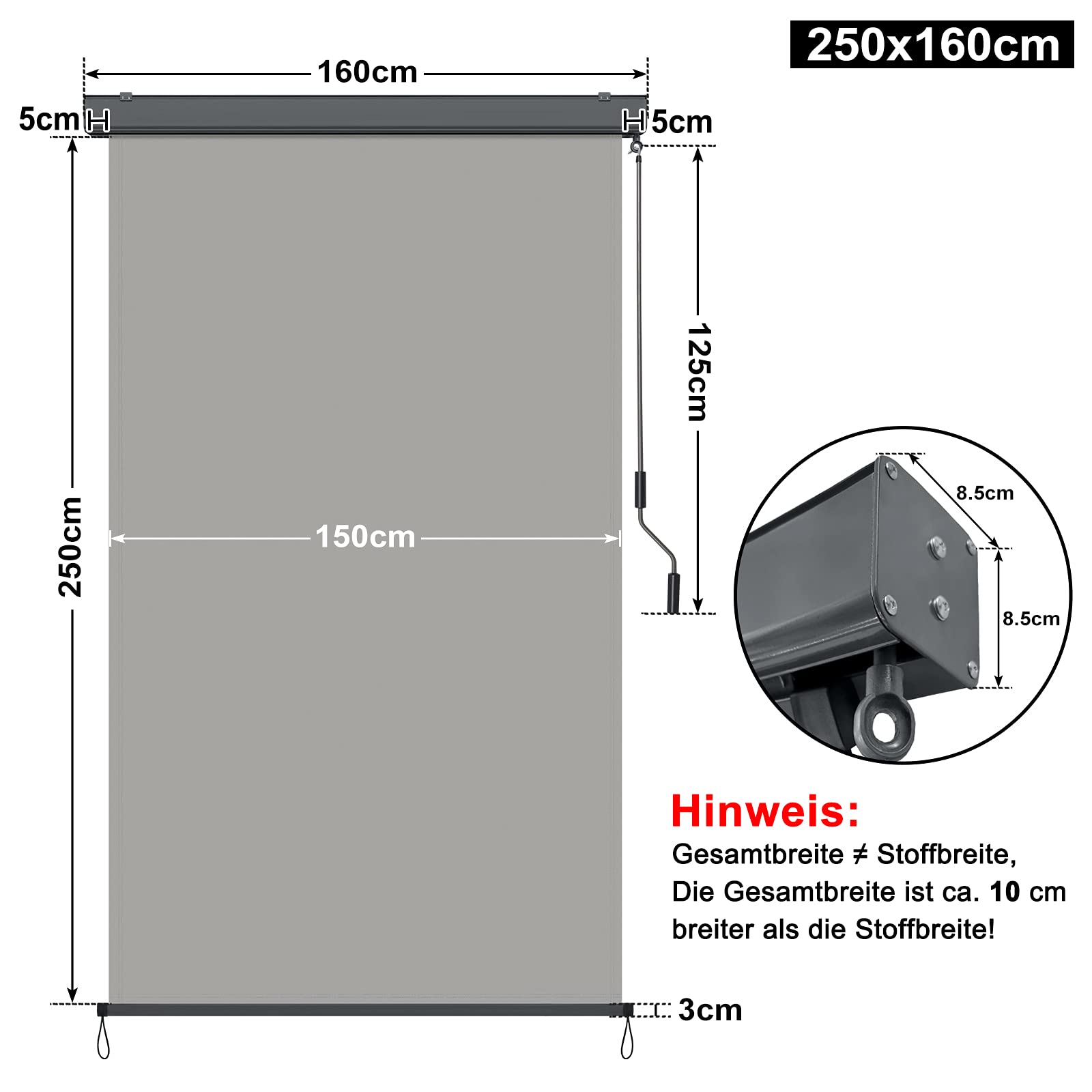 HENGMEI Markiza pionowa, roleta zewnętrzna, na balkon, 160 x 250 cm, aluminiowa, pionowa markiza balkonowa, roleta boczna, mechanizm korbowy, ochrona przed słońcem i spojrzeniami, na balkon, taras, szara