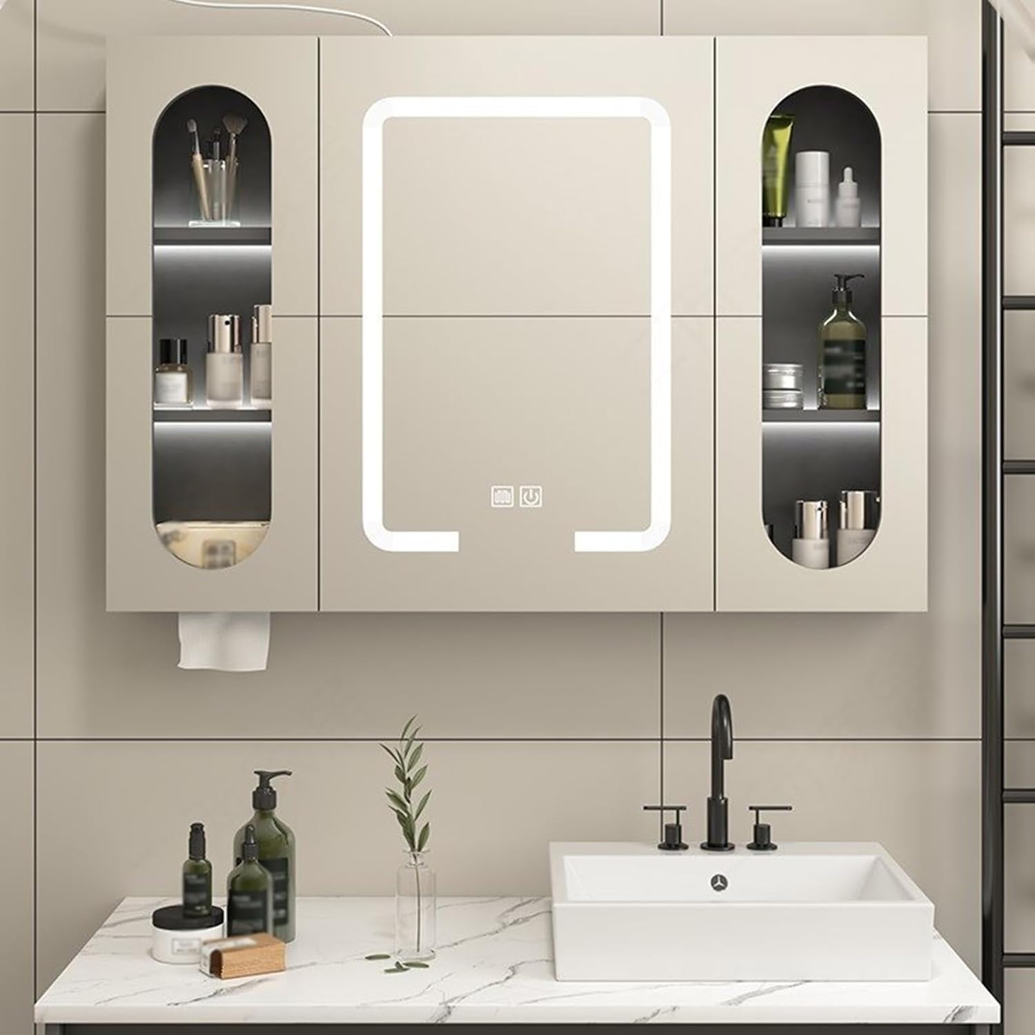 Wall-Mounted Mirror Cabinet for Bathrooms, Hd Explosion-Proof Anti-Fog Makeup Mirror Cabinet, Touch Button Control, Transparent Glass, Modern, Led Lighting, Bathroom Storage Medicine Cabinet