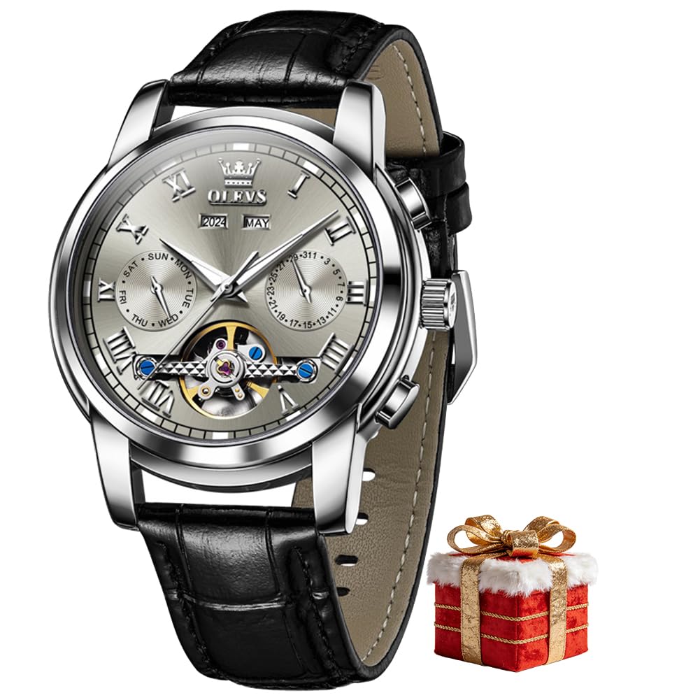 OLEVS Men's Watch Automatic Luxury Dress Tourbillon Chronograph Big Face Calendar Self Winding Wrist Watches for Men Business Moon Phase Mechanical Male Watches Luminous Waterproof