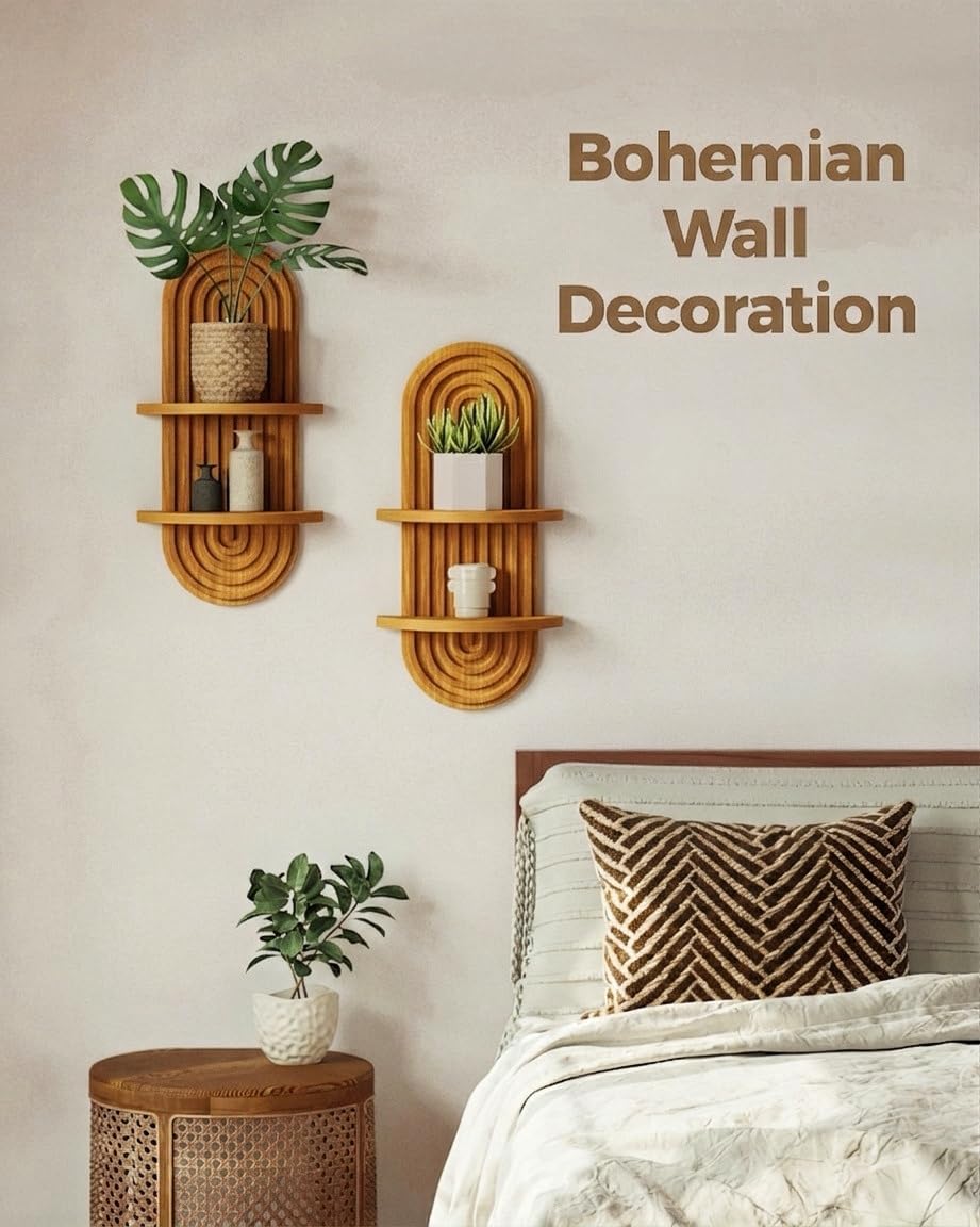 Bamworld Boho Wall Decor Brown Plant Wall Shelf, Mid Century Modern Decor Hanging Plant Shelf, 2-Tier Wooden Floating Shelves for Home, Bathroom Bedroom Living Room, Office Planter Decoration 2 pcs