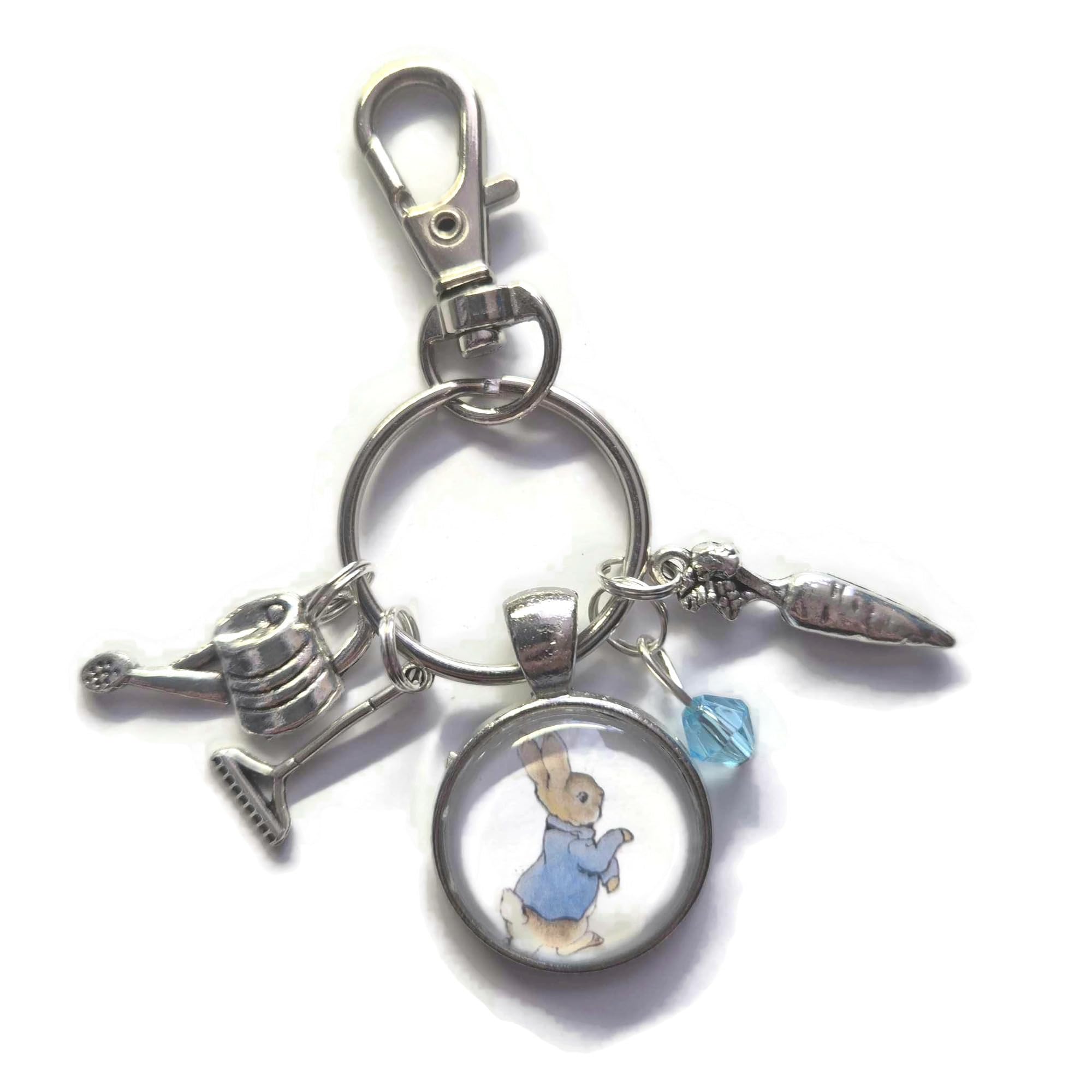 Rabbit 20mm Handmade Glass cabochon Book Lover Themed Bag Clip Keyring Gift, Rabbit Book Lover Birthday Xmas Present, Gardening Garden Enthusiast Gift