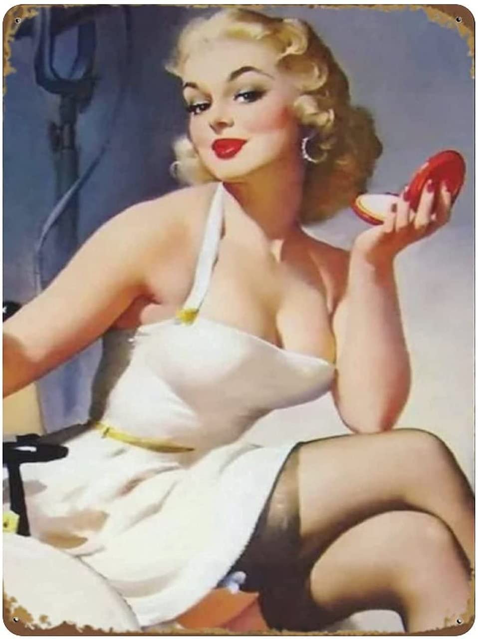 Haosensix Metal Tin Sign Sexy Pin Up Girl Make-Up Vintage Shabby Metal Poster For Home Kitchen Cafe Pub Man Cave Funny Wall Door Decor Plaque 12x16 Inches