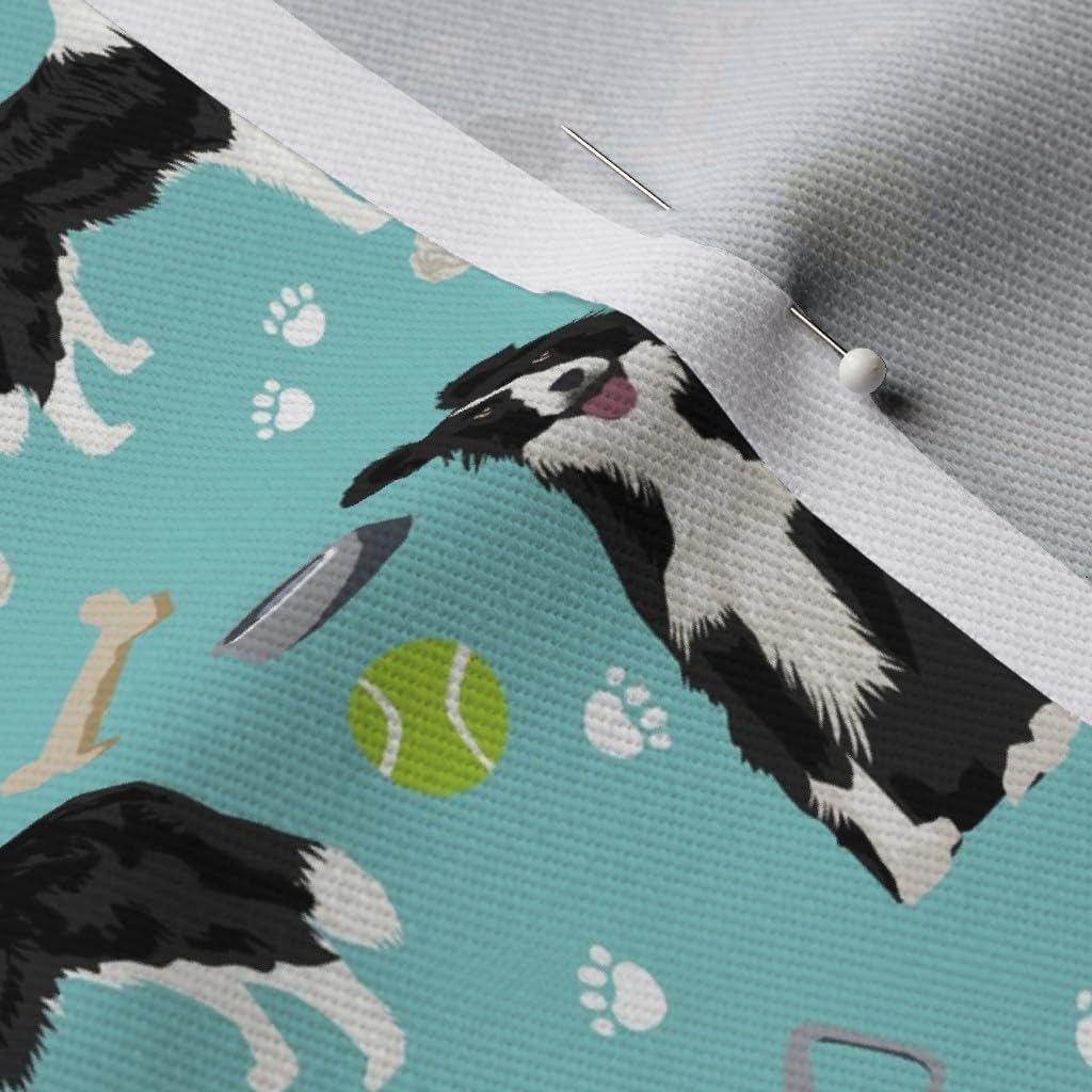 Spoonflower Fabric - Border Collie Toys Tennis Balls Light Blue Collies Dog Dogs Herding Printed on Denim Fabric by The Yard - Bottomweight Apparel Home Decor Upholstery
