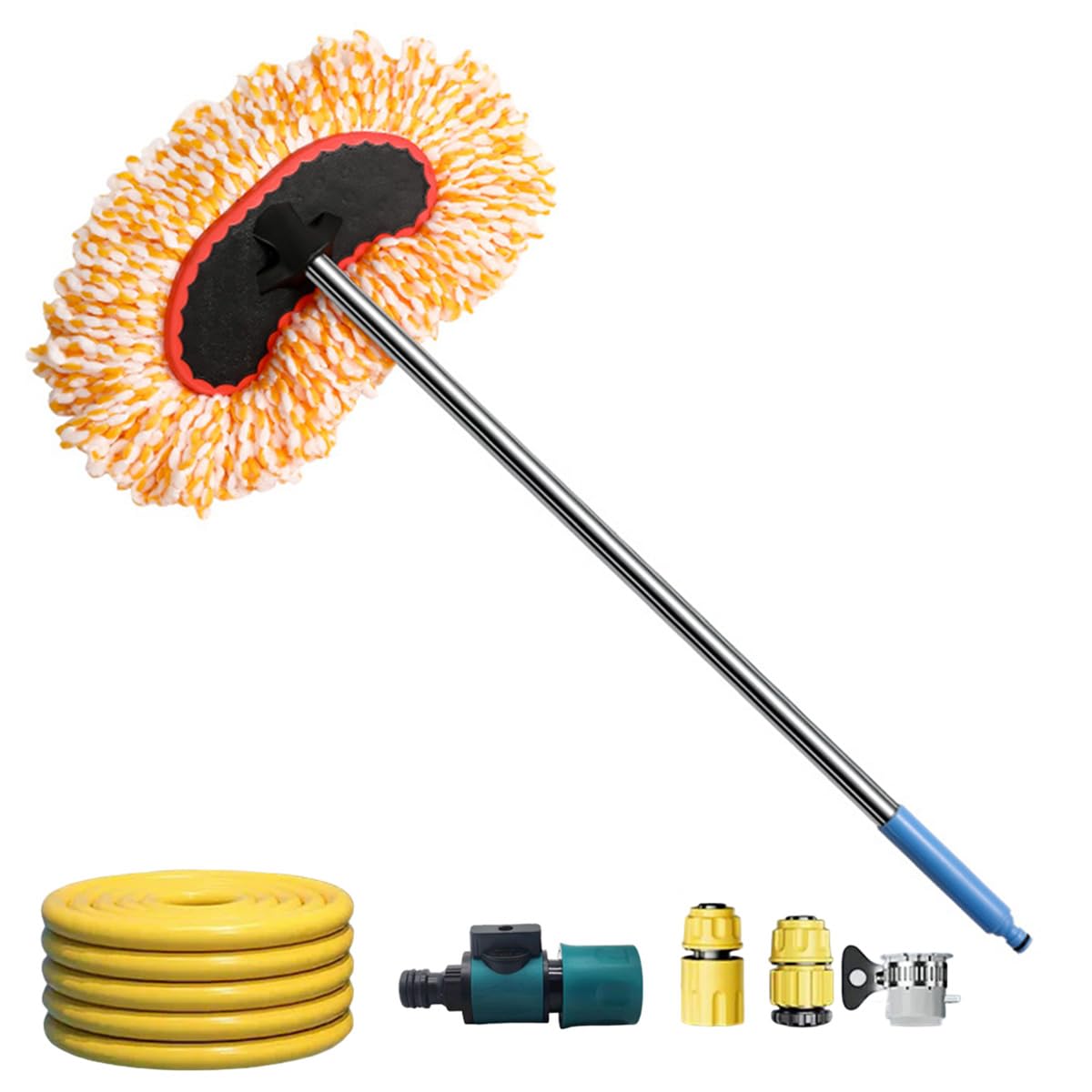 Szczotka do mycia samochodu z przyłączem wody, w zestawie przewód wodny 10 m, długi uchwyt, wielofunkcyjny, obrotowy, mop do mycia samochodu, kampera, kampera (pomarańczowa)