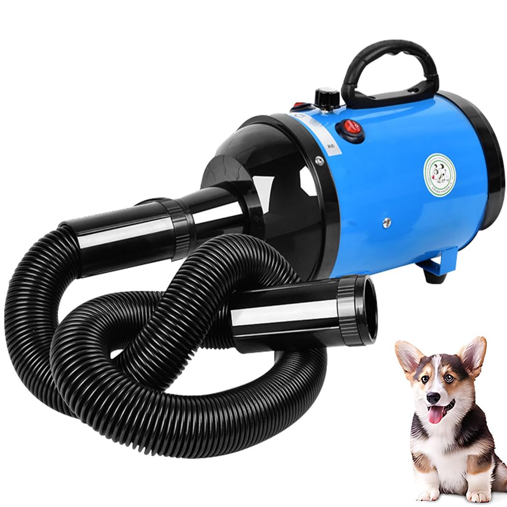 Gluckluz Pet Hair Dryer Blower Blowing Machine Hair Drying for Dog Cat Grooming Fur Blaster High Velocity Powerful Hairdryer with 3 Nozzles (Blue)