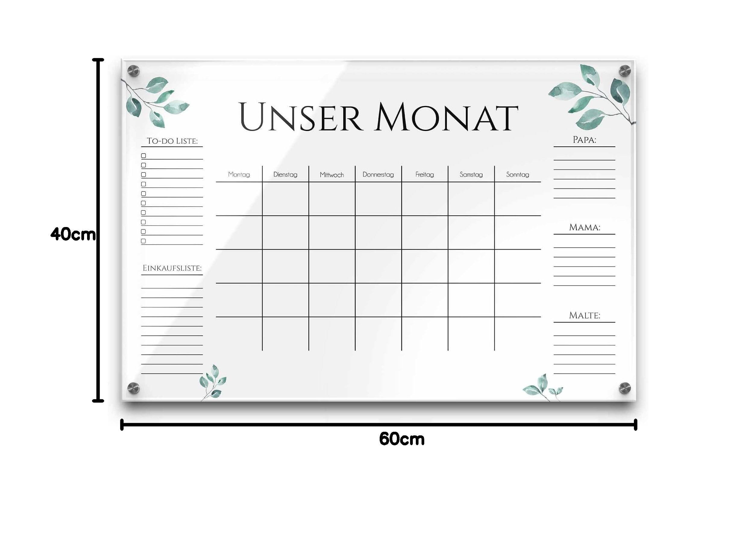 Acrylglas Wandkalender abwaschbar - Wochenplan personalisiert mit eigenen Namen - Geschenkidee Frauen Mama - Familienplaner beschriftbar - Familienplanung - ca. 60x40 cm