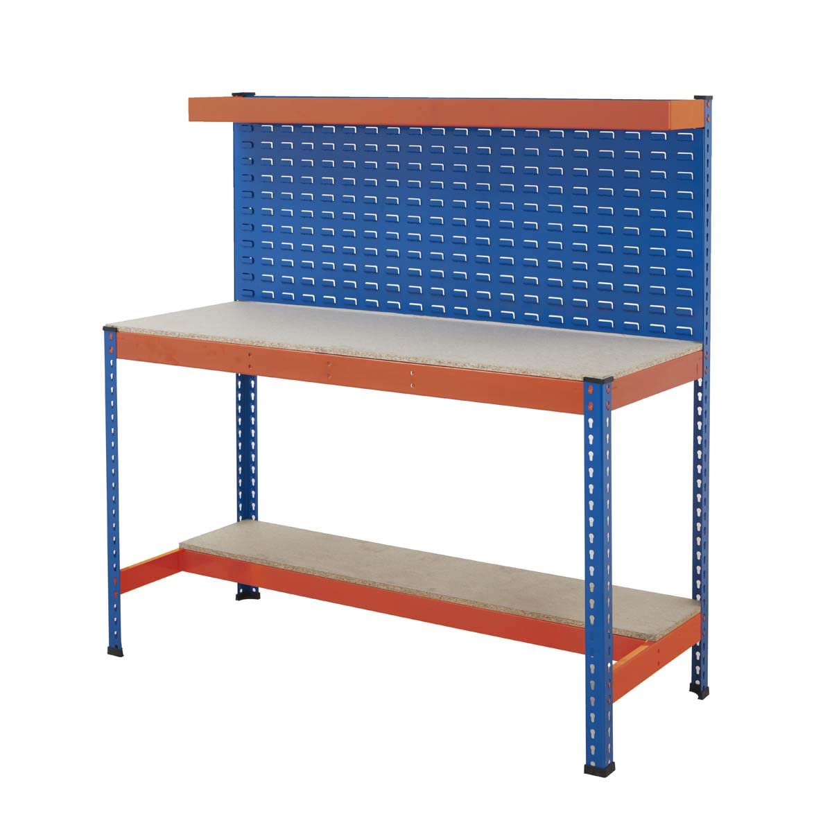 BiGDUG Louvre Panel Workstation - 400kg Worktop Load Capacity - 155.6h x 152.5w x 76d cm Workstation - Half Depth Lower Shelf - Powder Coated Blue & High Visibility Orange Steel Frame