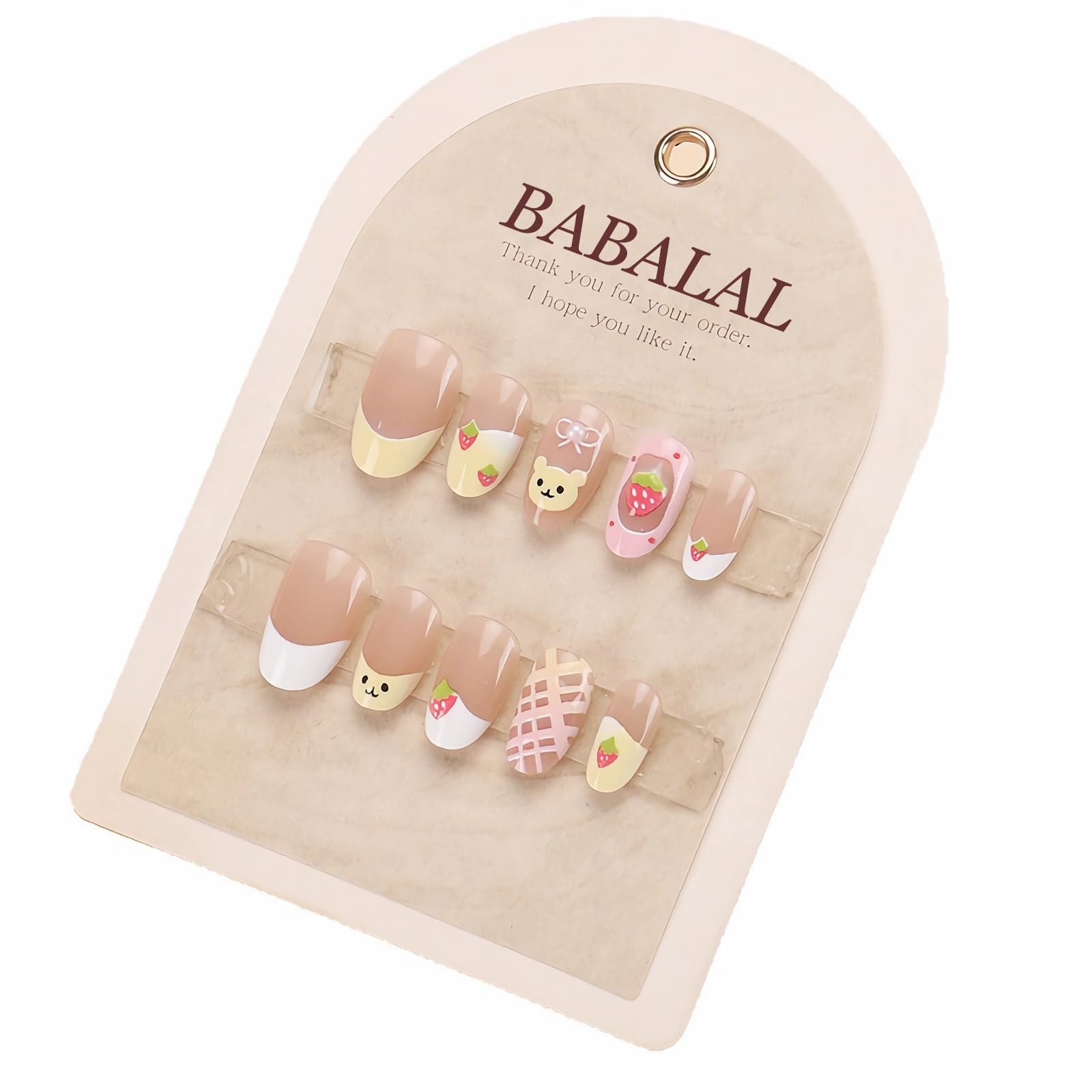 BABALAL Künstliche Fingernägel, oval, Acryl, Gelb und Rosa, mit Klebstoff, Motiv Bär und Erdbeere, 30 Stück, rund, vollständige Abdeckung, für Frauen, Mädchen und Kinder, Set mit Spitze