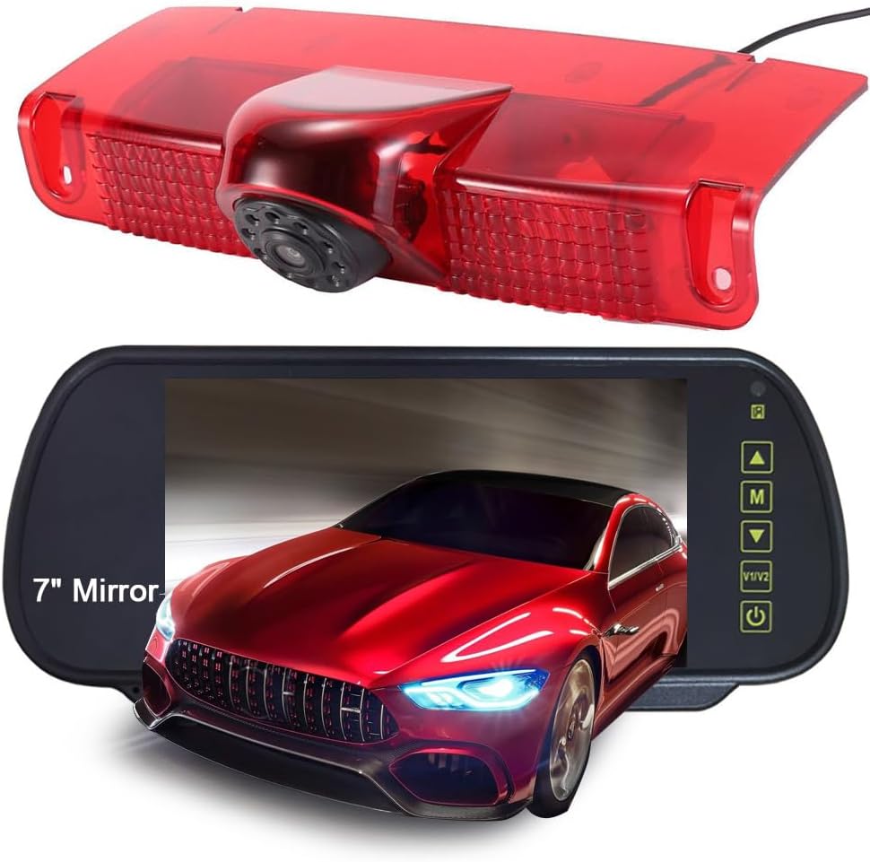 1280 * 720 Pixels Car Third Roof Top Mount Brake Lamp Camera Brake Light Rear View Backup Camera Replacement for Chevrolet Express GMC Savana Vans Exporer Vans Cargo 2003-2018 +7" Reverse Mirror
