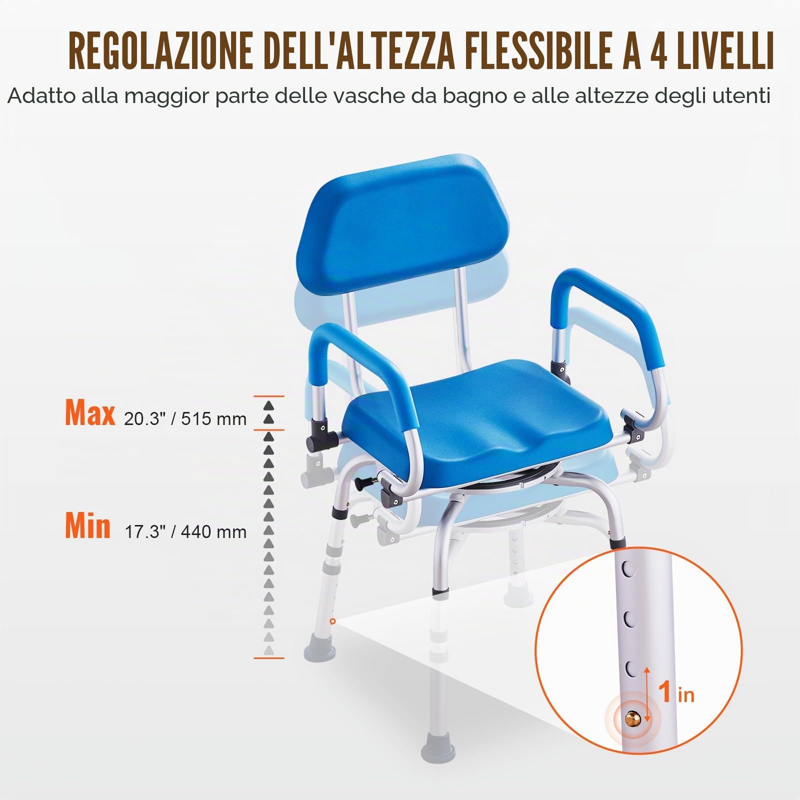 VEVOR Sedia da Doccia Girevole a 360 Gradi, Sedile da Doccia Regolabile con Bracci Girevoli, Sedile Bagno Imbottito per Doccia, Sedia Bagno Girevole Antiscivolo per Anziani Disabili, Capacità 135 kg