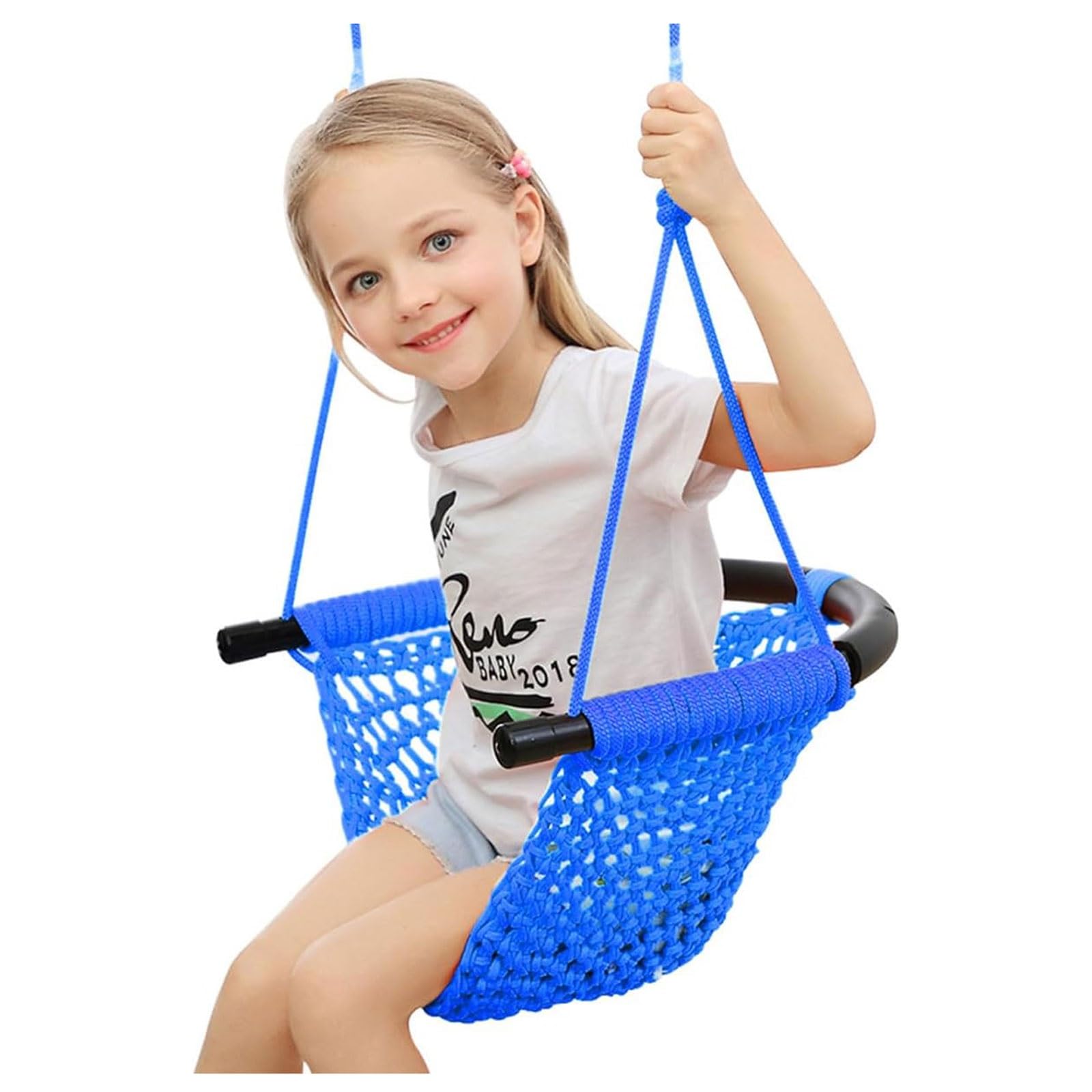 Mqshuhenmy Blue Swing Seat For Kids，Little Swing Set，Hand-Knitting Toddler Swing With Adjustable Ropes, Rope Play Swing Set For Tree, Outdoor Indoor, Playgroun (Blue)