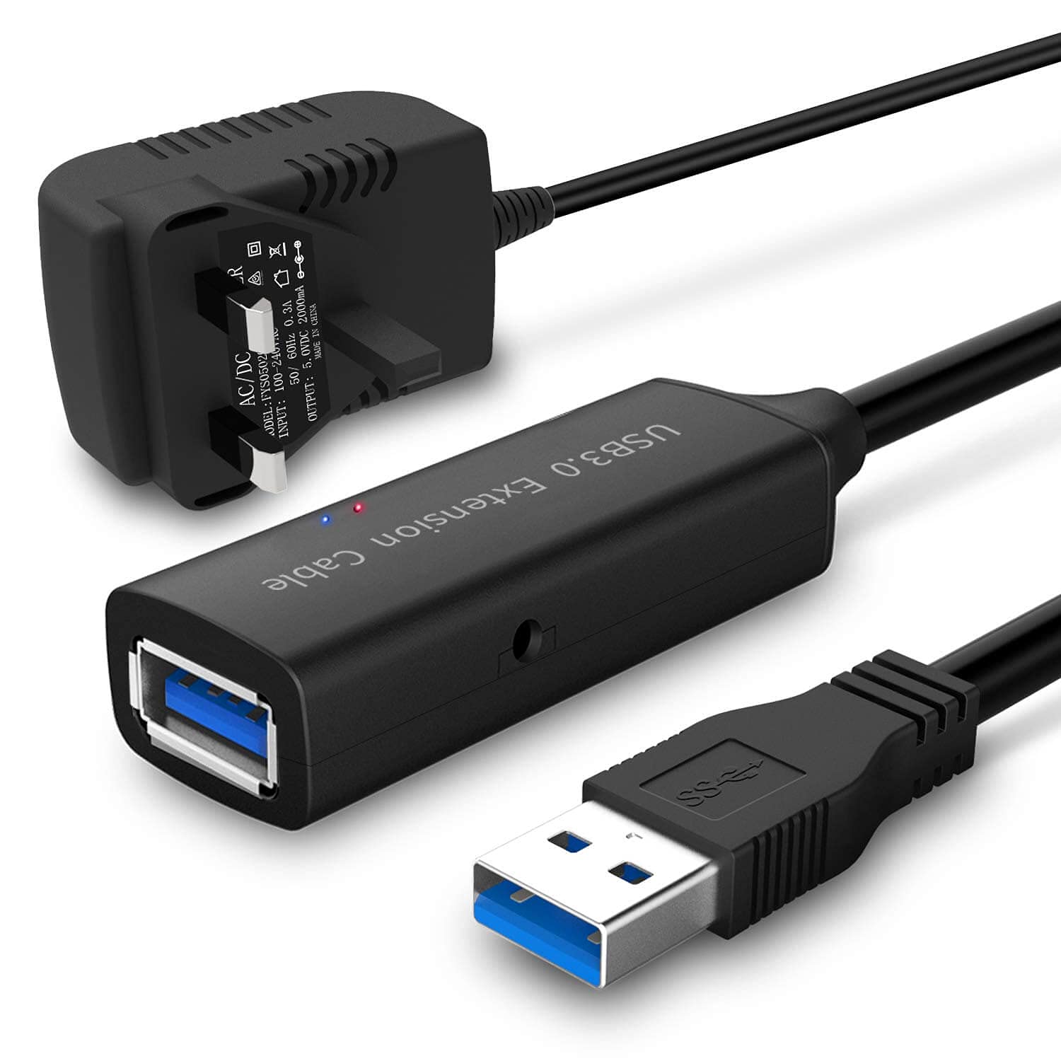 RSHTECH USB 3.0 Extension Cable 10m/32.8ft, USB-A Male to Female Active Extension with Signal Booster Chiclets and 5V/2A Power Supply for Printer, Computer, Scanner, WIFI, Antenna, Camera and More