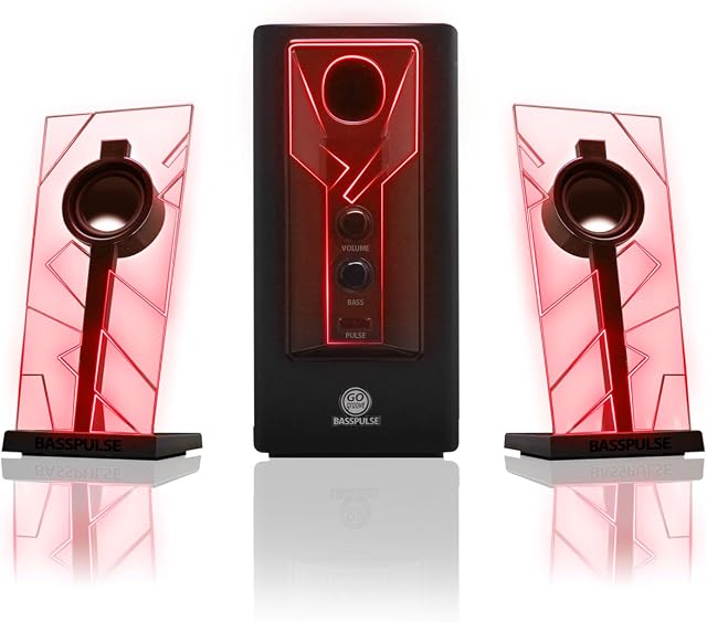 GOgroove BassPULSE 2.1 LED Satellite Stereo PC Computer Gaming Speakers with Red Glow Lights, Bass Controls and Powered Subwoofer - Compatible with PC, Mac, Desktop, Laptop and More Multimedia Devices