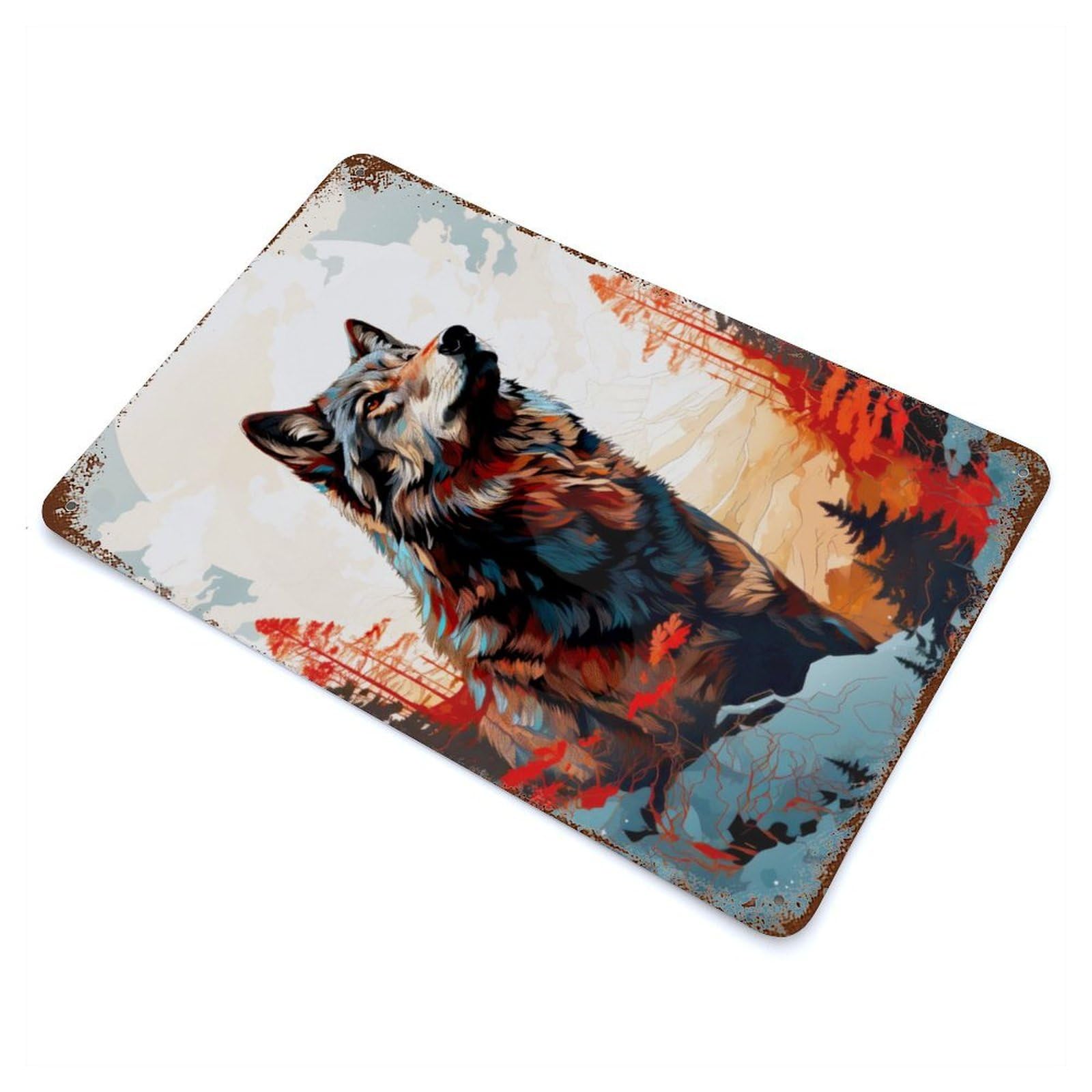 Wolf Animal Art Distressed Metal Wall Sign 11.8"x7.9", Rustic Home Decor for Farmhouse, Kitchen And Entryway Decor