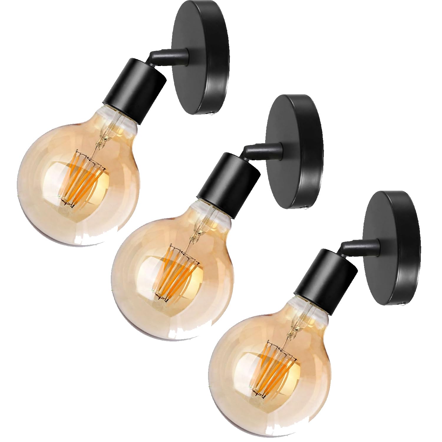 LEDSone 3 Pack Black Industrial Wall Lights, Vintage E27 Wall Lamps, Wall Sconce Lights Metal for Bedroom Living Room Kitchen Hallway