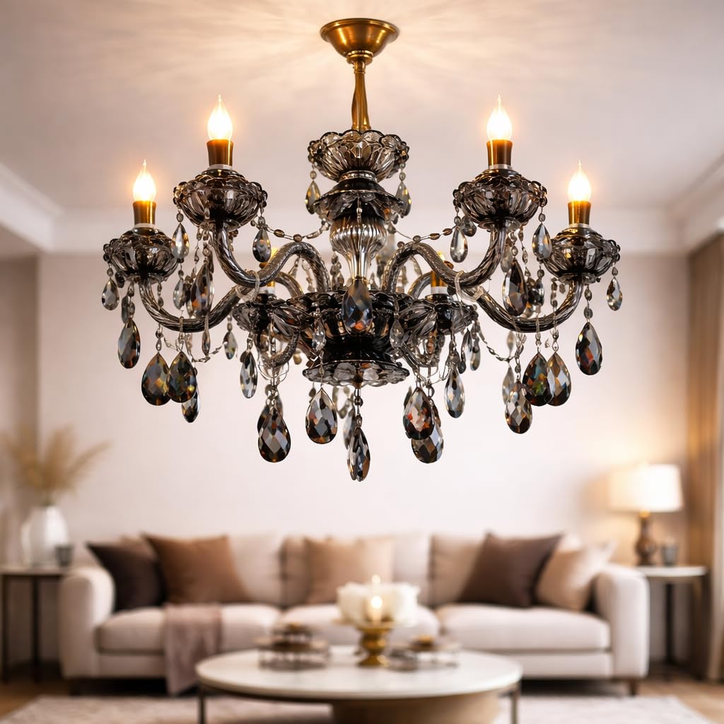 TRIPPING Black Smoke Crystal Chandelier 8-Light – Luxury Hanging Ceiling Light with Warm Candle Bulbs, Premium Metal Finish for Living Room, Dining Area, Bedroom & Hotel Lobby Décor-image-3