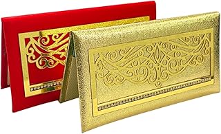Pack of 2, Rectangle Shape Fabric Material with Acrylic Cut Comb Design Shagun Envelopes for Gifting Cash Sagan Lifafa Wedding Money, 19 X 10 cm, Red & Golden