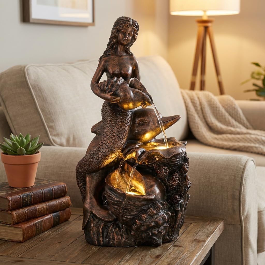 TERESA'S COLLECTIONS 21" Large Mermaid Water Fountains Outdoor with LED Light Auto Slient Pump, Water Features for Yards Patio Garden Balcony Porch, Mermaid Garden Gifts for Mom
