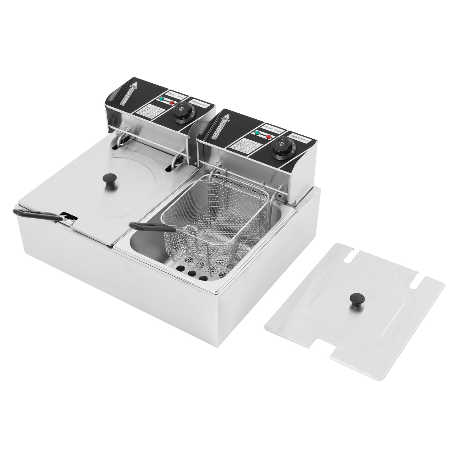 Freidora eléctrica de 2,5 kW de acero inoxidable, doble freidora de 6 l + 6 l, con 2 cestas para freír y 2 tapas, para cocina, restaurante, cafeterías y aperitivos
