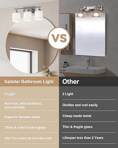 Miniatura 3 de Sailstar Lámpara de baño de 3 luces sobre espejo, luces de tocador de níquel cepillado, moderna lámpara de tocador de baño, pantalla de vidrio y