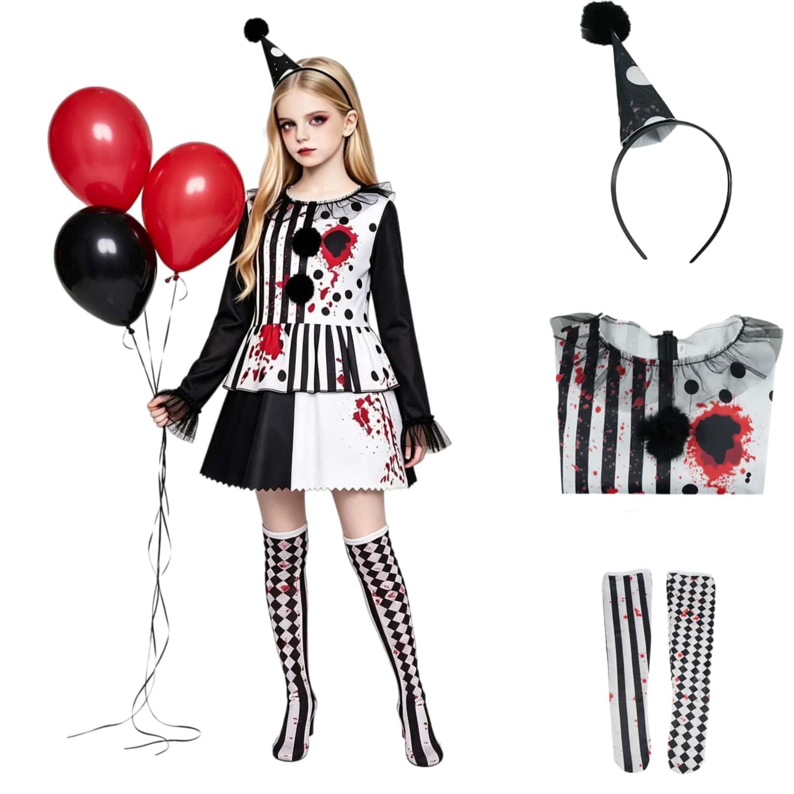 Girls Clown Costume -Black and White Bloody Jester Dress โ image 1