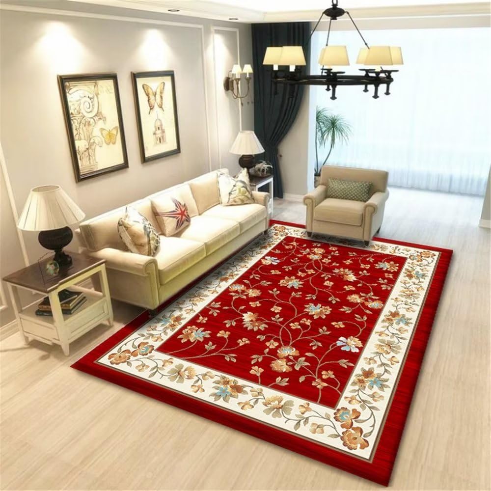 Tapis de salon rouge floral 100x200cm idéal pour illuminer un balcon ou une chambre de fille
