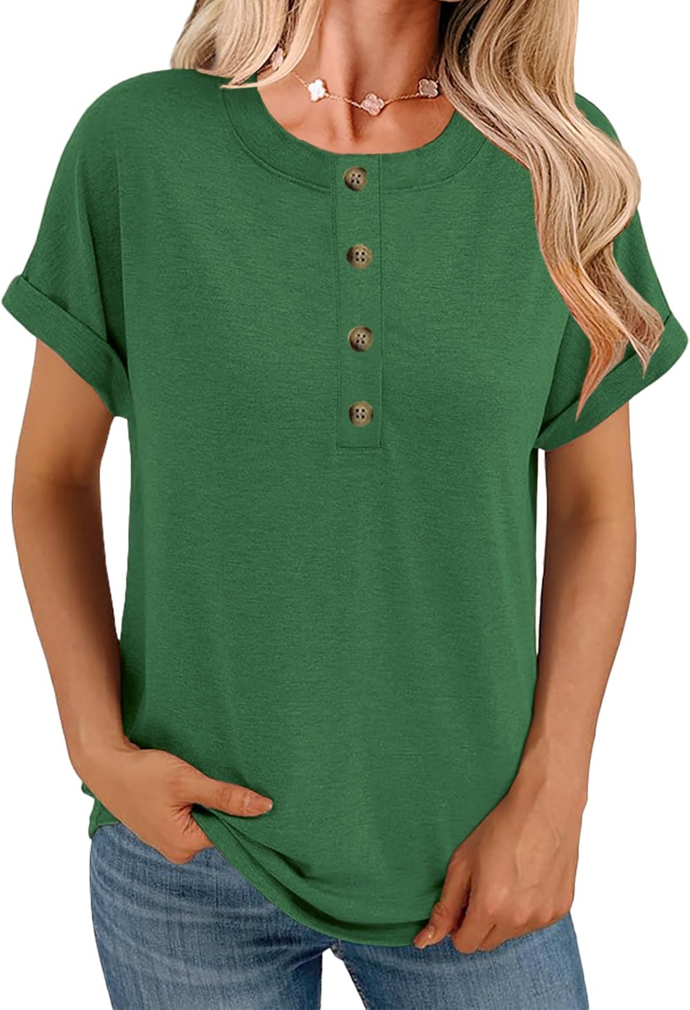 APOFER Women Short Sleeve Tunics Crew Neck Dressy Casual Loose Henley Shirts Summer Casual Tops Flowy T-Shirt