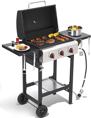 Parrilla de gas propano con mesas laterales plegables, parrilla de gas de 3 quemadores con rejillas de hierro fundido y parrilla de acero