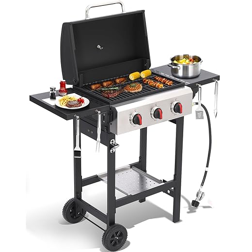Propane Gas Grill with Folding Side Tables, 3-Burner Gas Grill with Cast Iron Grates and Stainless Steel Griddle Pan, Outdoor BBQ Grill Portable with Wheels 30000 BTU Output