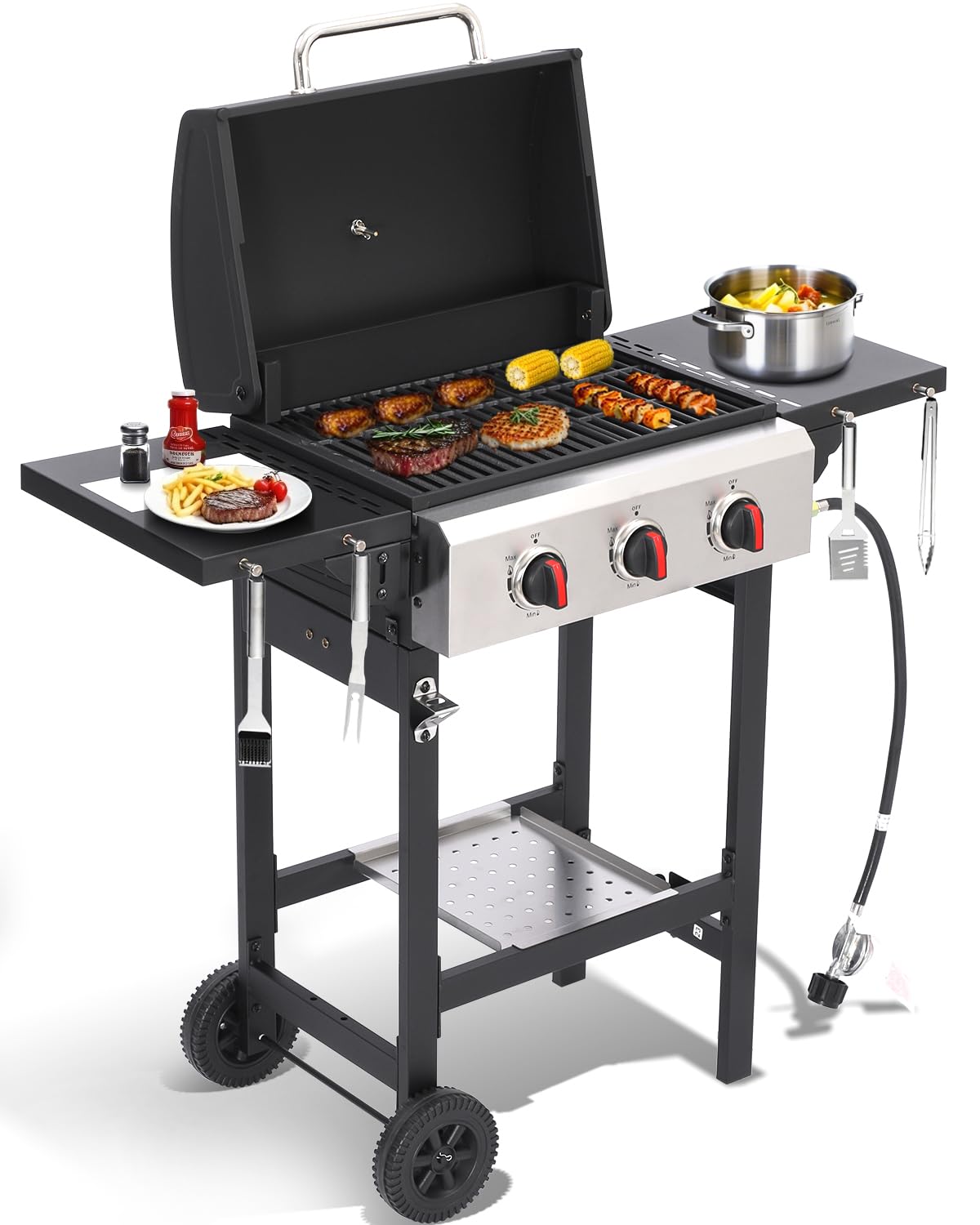 MASTER COOK 3 Burner BBQ Propane Gas Grill, 472 Sq. In. Cooking Area, 30,000 BTU Stainless Steel Barbecue Grill with Two Foldable Shelves for Outdoor Patio, Backyard - view 3