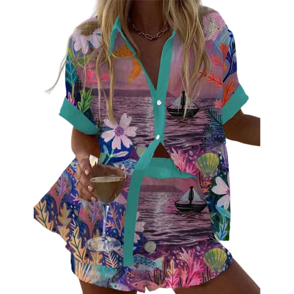 Womens Vacation Beach Two Piece Outfits Casual Floral Button Down Shirt Tops and Drawstring Shorts Summer Suit Sets