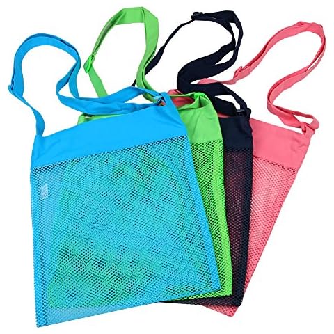 Colorful Mesh Beach Bags 11.4 x 13.7inch Breathable Sea Shell Bags with Adjustable Carrying Straps (4 PC Set) [Blue, Pink, Green, and Black] Cover