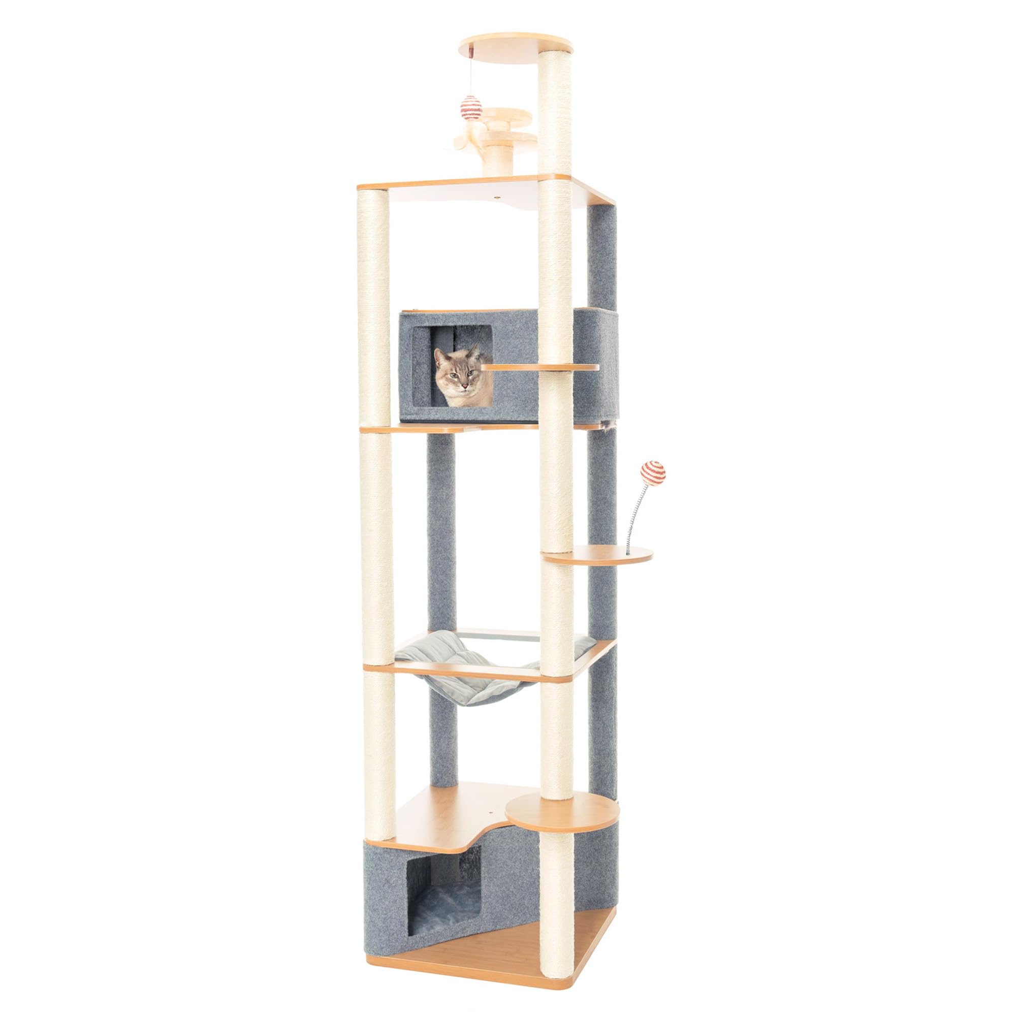 Ascentials - Grand Suite Cat Scratcher Playground - Tall Cat Tower Playground Structure, Sisal Scratching Areas, Grey Felt, Bamboo Veneer w/Linen & Velvet Surface Areas