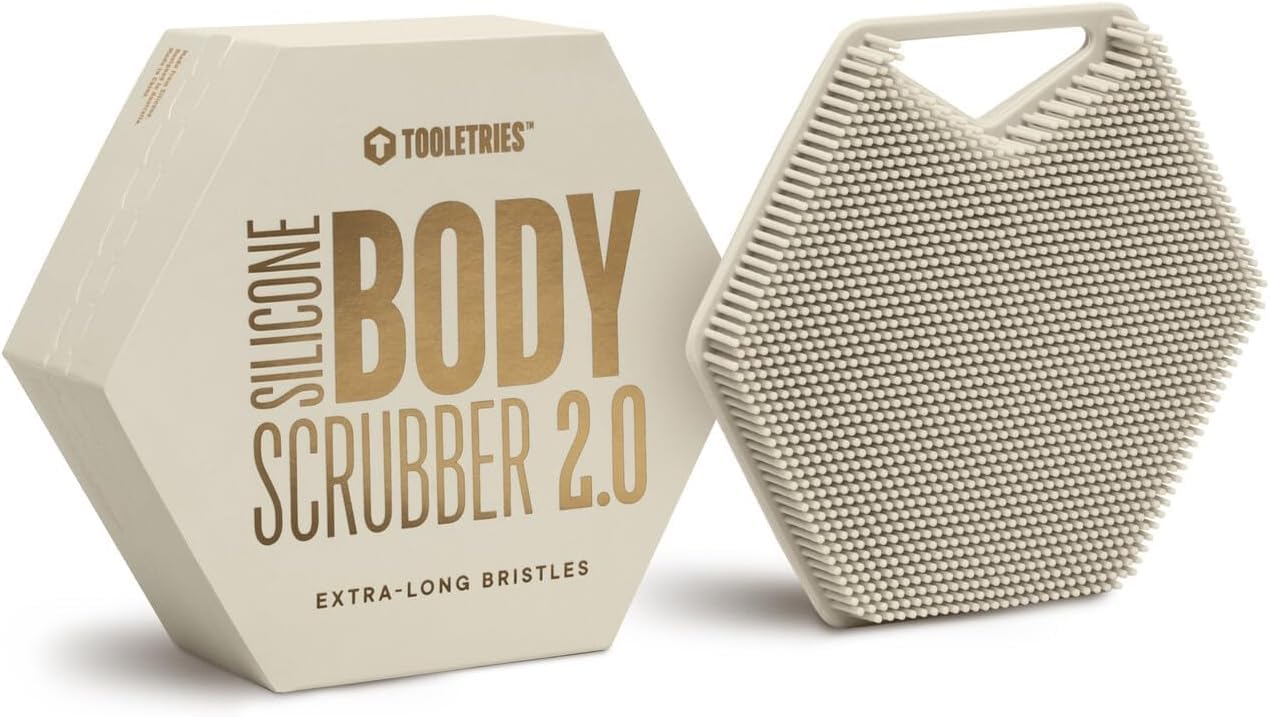 TOOLETRIES Premium Silicone Body Scrubber 2.0, Hygienic Loofah Alternative, Exfoliating Shower Scrubber for Sensitive Skin, Quick Drying & Long-Lasting Bathroom Essentials for Men & Women - Sand