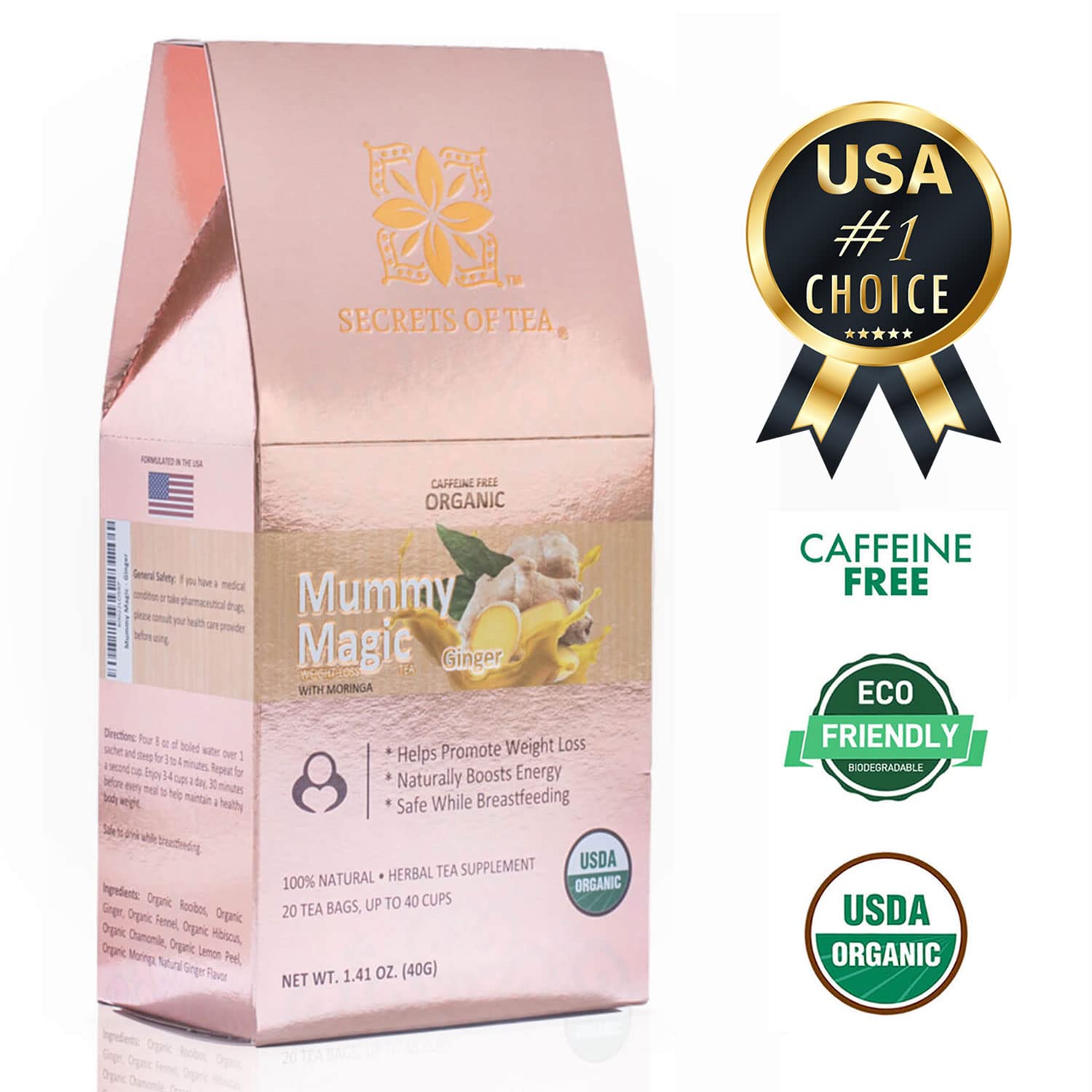 Mummy Magic Slim Tea for Women with Moringa + Certified USDA Organic Detox Tea with Supper ingredients like Rooibos Tea, Moringa, Hibiscus Tea - Up to 40 Servings - 20 Count(1 Pack)