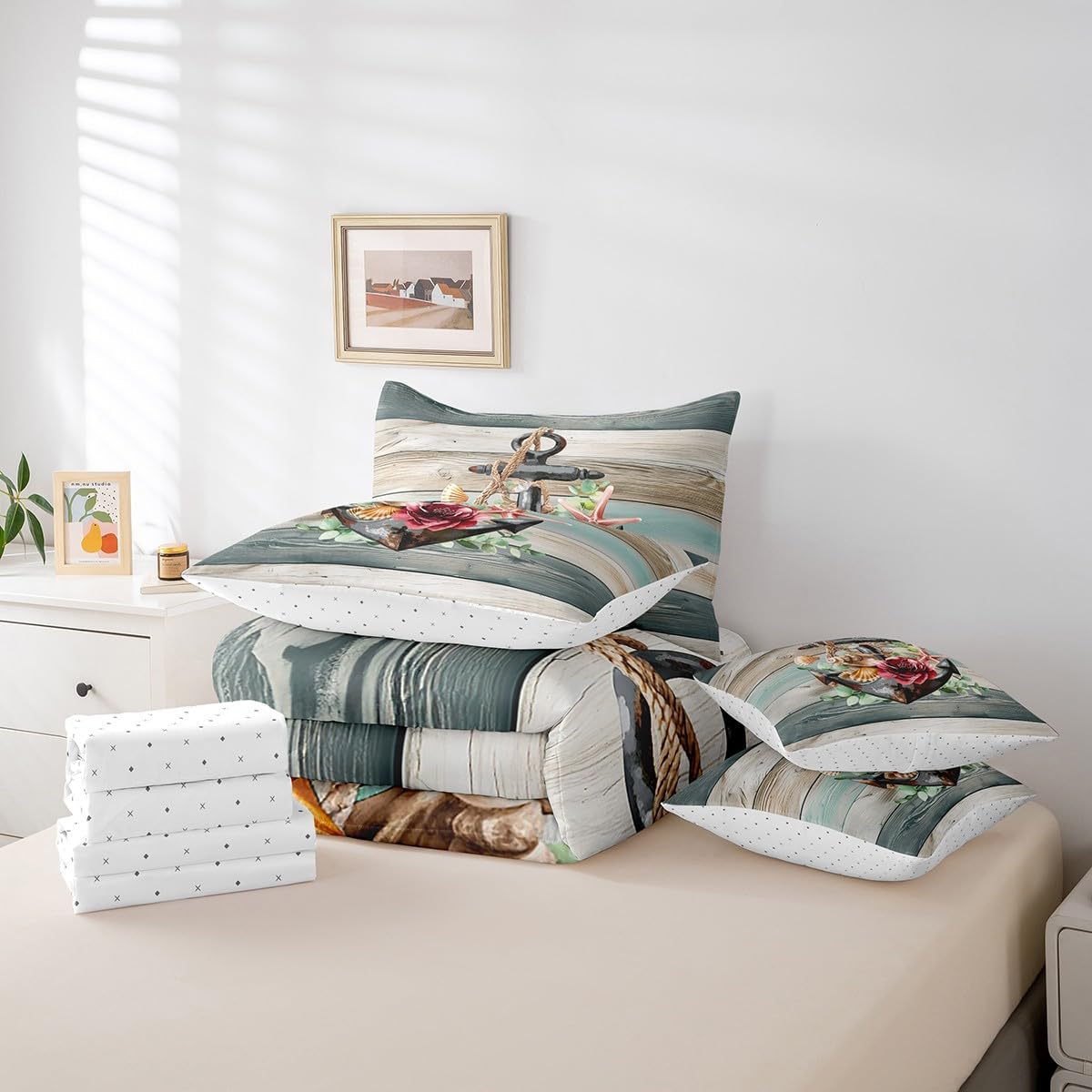 Erosebridal Rustic Anchor Comforter Set King,Nautical Anchor Bed in A Bag,Farmhouse Hawaii Ocean Sea Shell Bedding Sets(1 Comforter,2 Pillowcases,1 Flat Sheet,1 Fitted Sheet,2 Throw Pillow Covers)