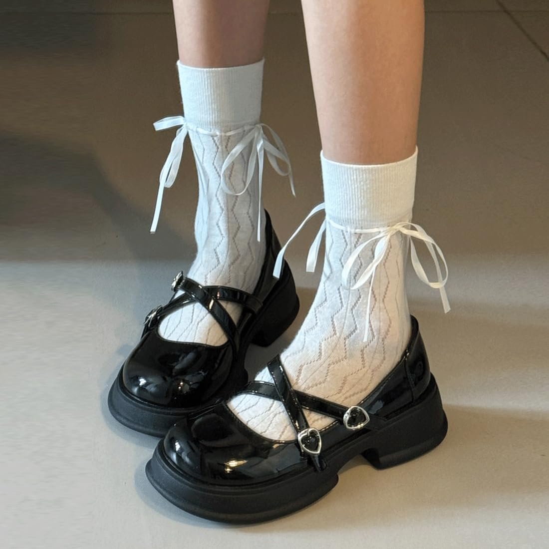 Zapatos de plataforma Mary Jane con cordones ajustables y punta redonda y suela gruesa con lazo cruzado en forma de corazón estilo gótico Harajuku Kawaii Lolita (black,40)
