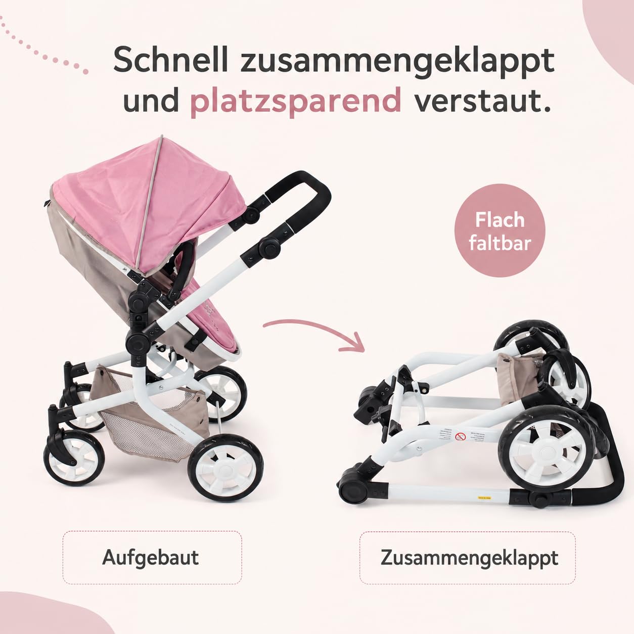 Bayer Chic 2000 Poussette poupée Mika 2 en 1 Pliable et réglable | Poussette poupée 2 en 1 pliable avec poignée réglable (47-80 cm), pour poupées jusqu'à 52 cm.