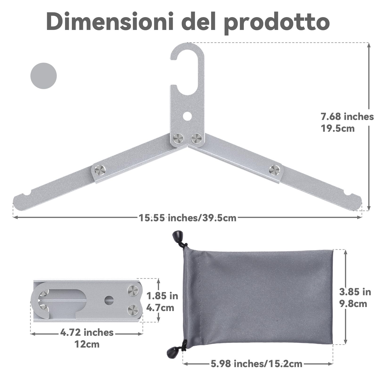 Sazfli Set da 3 Gruccie da Viaggio Pieghevoli in Alluminio – Leggere, Compatte e Resistenti, Gancio Antivento, Scatola Regalo Inclusa, 20×7 cm, Argento