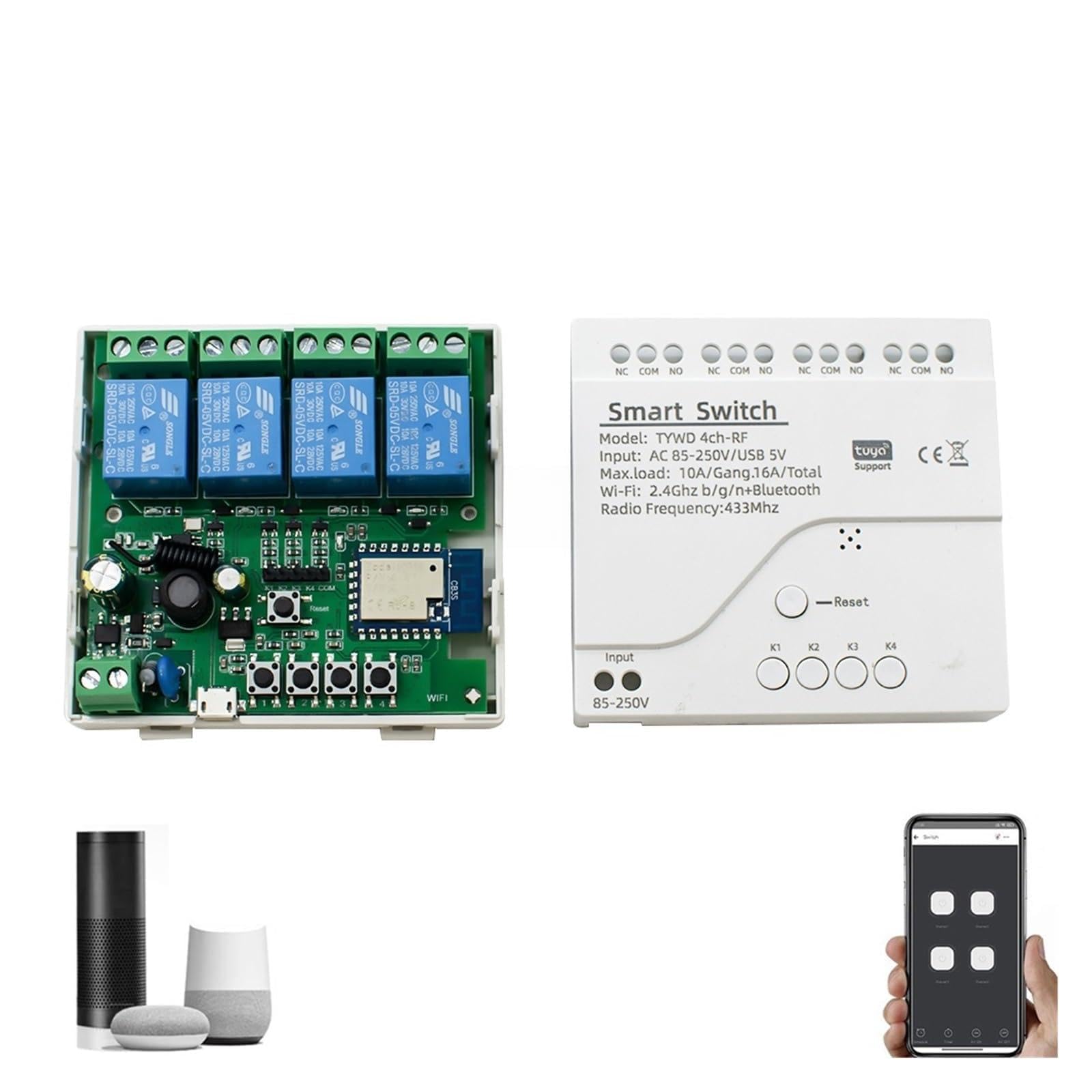 Automatischer Toröffner, Garagentoröffner-Controller Smart Switch On Off Relaismodul Tor öffnen Sprachsteuerung(4CH 85-250V CASE)