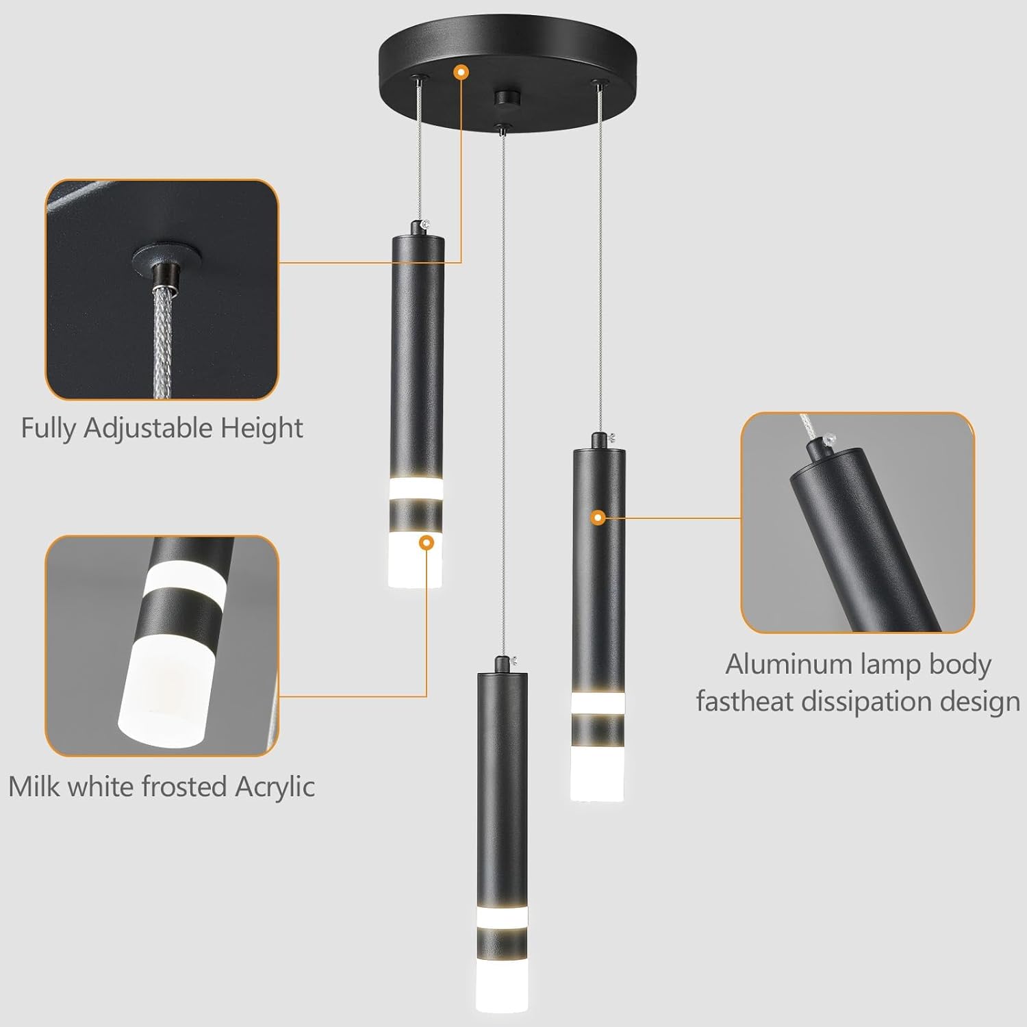 Modern Pendant Light Kitchen Fixture Dimmable LED Black Mini Pendant Lighting fo Kitchen Island Bedroom Bedside Table Small Pendant Lights (3-Light)