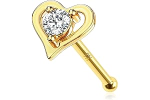 Gold Nose Stud with Heart-Shaped Design and Clear CZ Stone