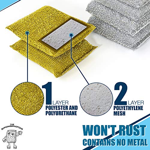 Spongenator Kitchen Scrubbing Sponges - Heavy Duty Non-Scratch Scrubbing Cleaner Sponges In 2 Colors - Multi-Surface Non-Metal Dish Scouring Scrubbers For Fast Cleaning (Gold & Silver, 6) #TOP2