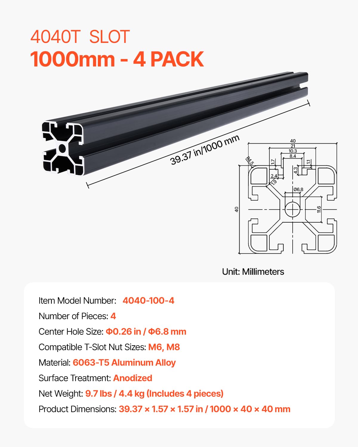 VEVOR Zestaw 4 profili aluminiowych 1000 mm T-Nut 4040 profil aluminiowy, anodowana szyna liniowa zgodnie z europejskim standardem, profil rowkowy do drukarki 3D, maszyna CNC DIY, grawerowanie