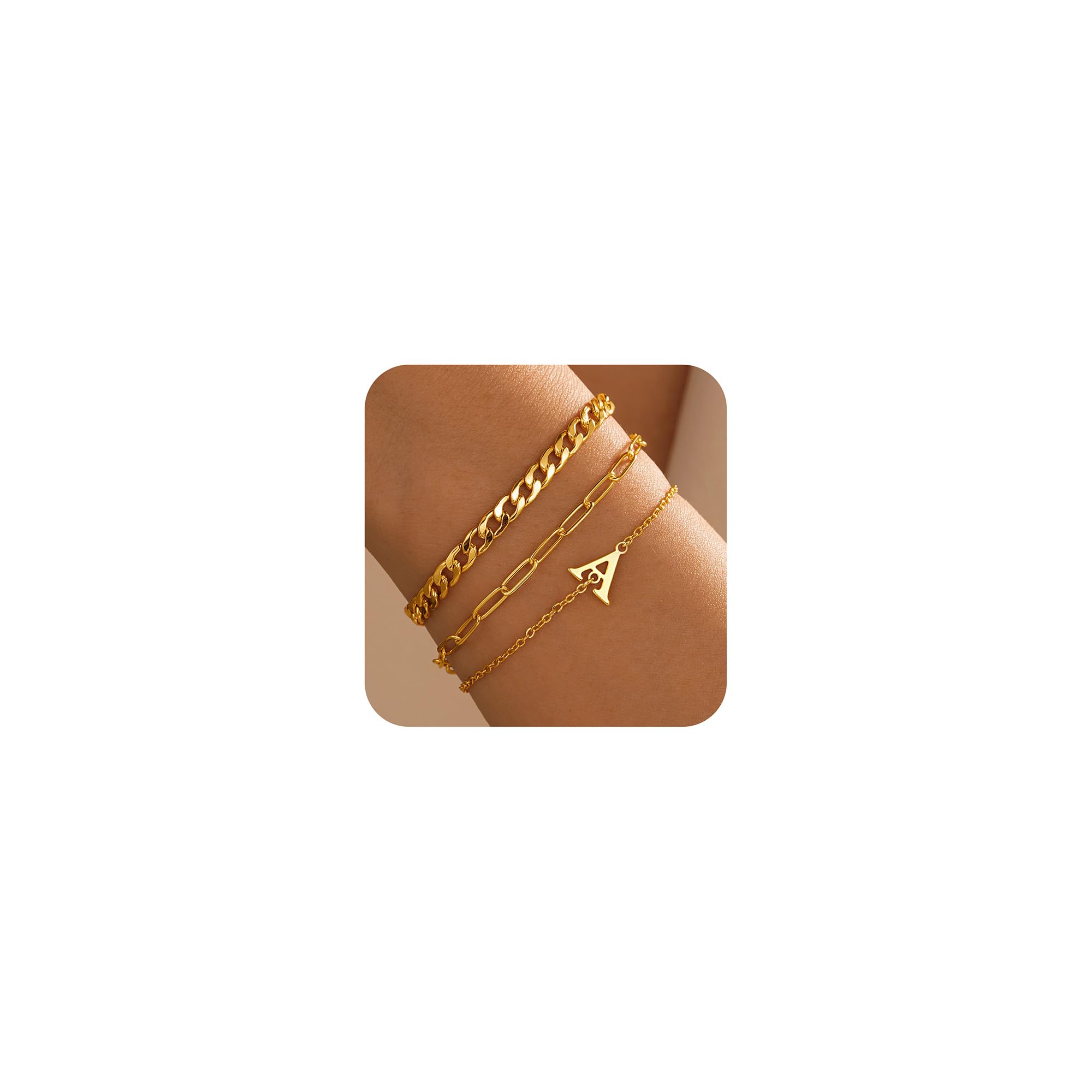 TurandossGold Bracelets for Women Trendy - Personalized Initial Dainty Stackable Gold Cuban Chain Paperclip Chain Bracelets Sets for Women Teen Girls