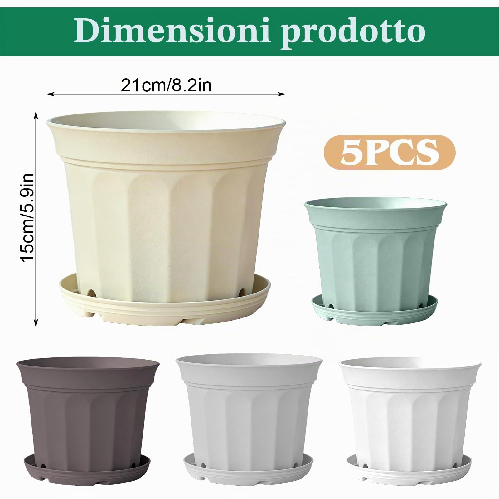 PORFOYO Set di 5 vasi da fiori con sottovasi, colorati, spessi vasi da fiori autoirriganti, antiscivolo, con fondo a rete e scarico dell'acqua profondo, 21 x 15 cm, per interni e balconi