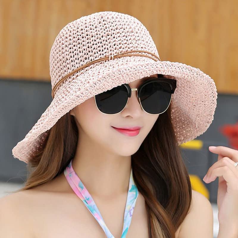 Women Wide Brim Straw Hat Floppy Summer Beach Bucket with Bowknot Adjustable Outdoor Sun Cap Foldable UV Protection Headwear4