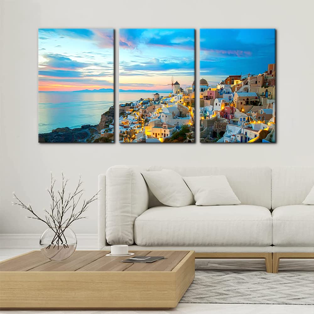 Pacimo 3 Panels Cityscape Canvas Wall Art - Santorini Island Seascape in the Sunset Pictures Print on Canvas Sea Landscape Modern Artwork for Home Decor Stretch Framed Ready to Hang - 16" x 24" x 3